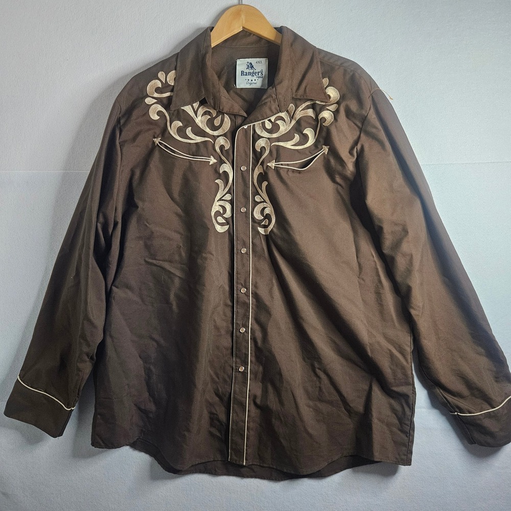 Rangers Legend Mens 4XL Brown Embroidered Western Button Down Shirt Long Sleeve